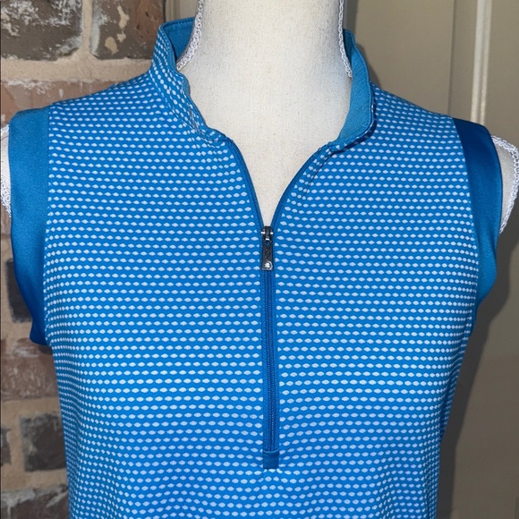 Lopez Delux Dri Blue Dots Sleeveless Golf Polo Top Rhinestone Zipper Pull Sz M - Picture 6 of 15